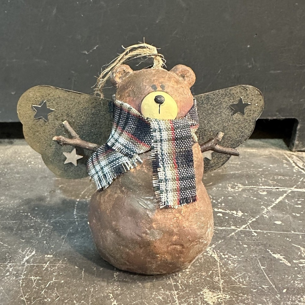 Vintage Chubby Bear Angel Resin Country Rustic Christmas Tree Ornament - 3.5"